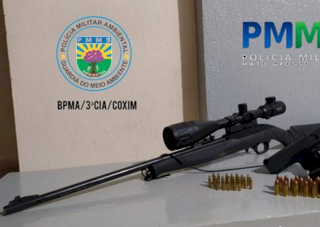 PMA surpreende quatro caçadores, prende um deles porte ilegal de rifle com luneta, pistola 9mm e munições e evita matança de animais silvestres.