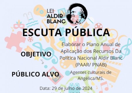 Angélica - Escuta pública convida todos agentes culturais para elaboração Plano Anual e aplicação dos recursos da política nacional Adir Blanc